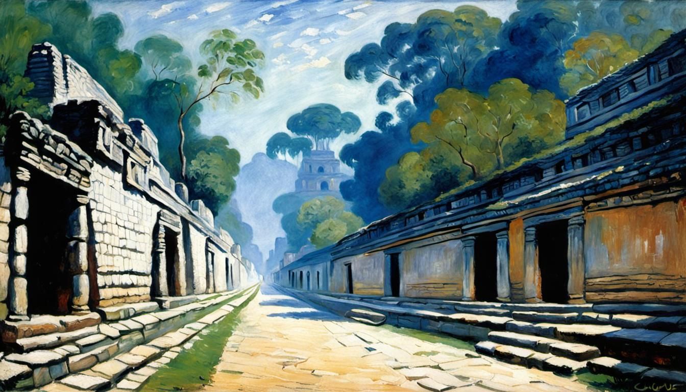 Palenque Street Scene in Impressionist Style