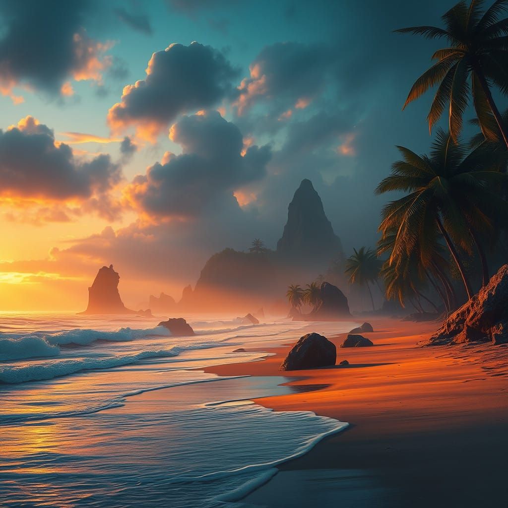 Enchanting Coastal Sunrise with Fantastical World-Building