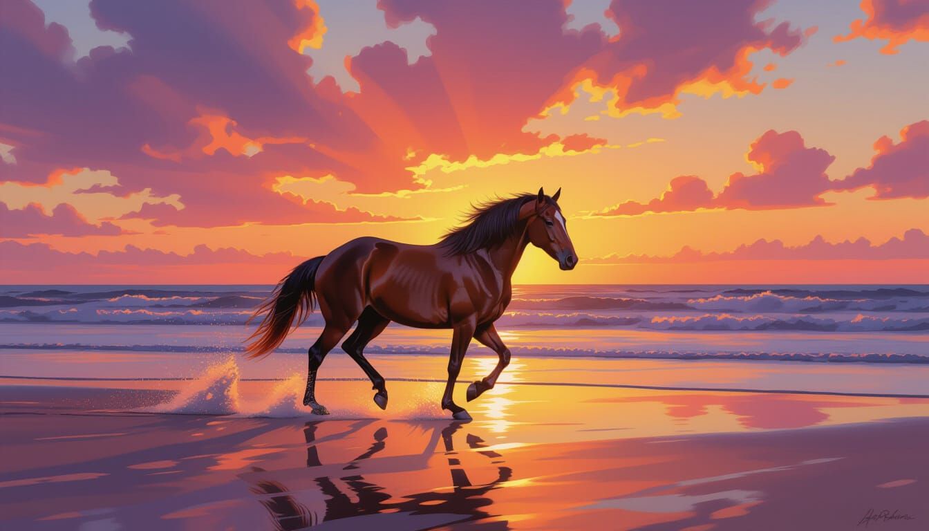 Bay Horse Gallops on Surf Line at Sunset