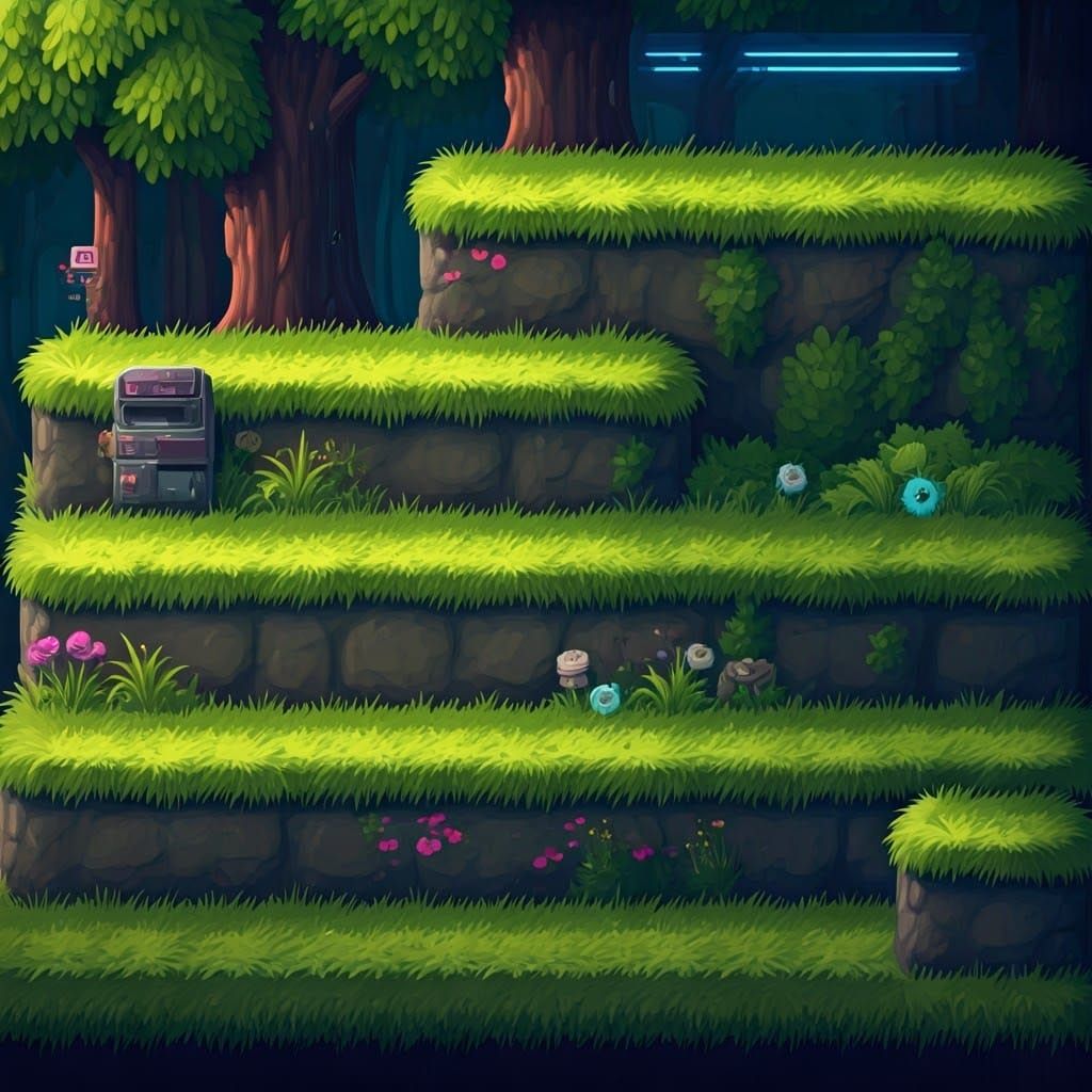 Lush Cyberpunk Grass Tileset for 2D Platformer