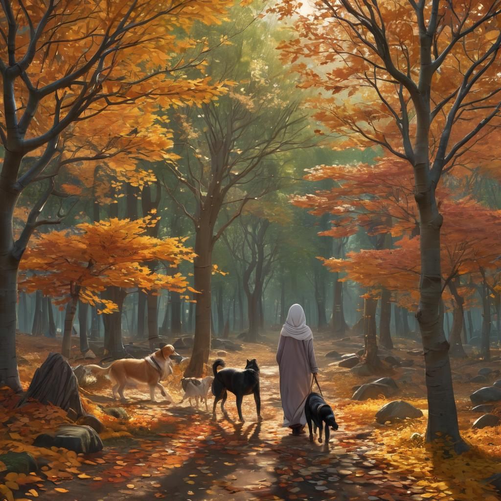 Woman with Dogs in Autumn Forest, 3D Anime Art