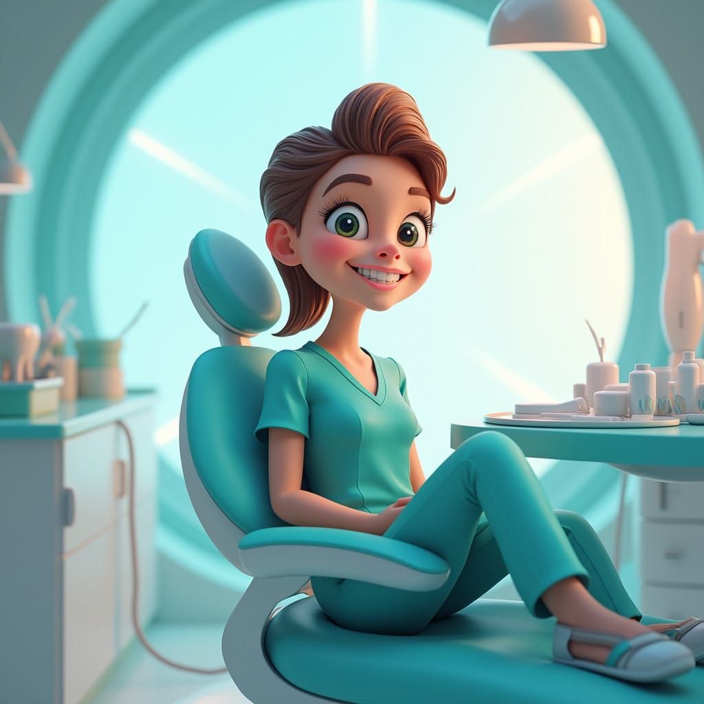 Whimsical Cartoon Dentist in Futuristic Dental Chair