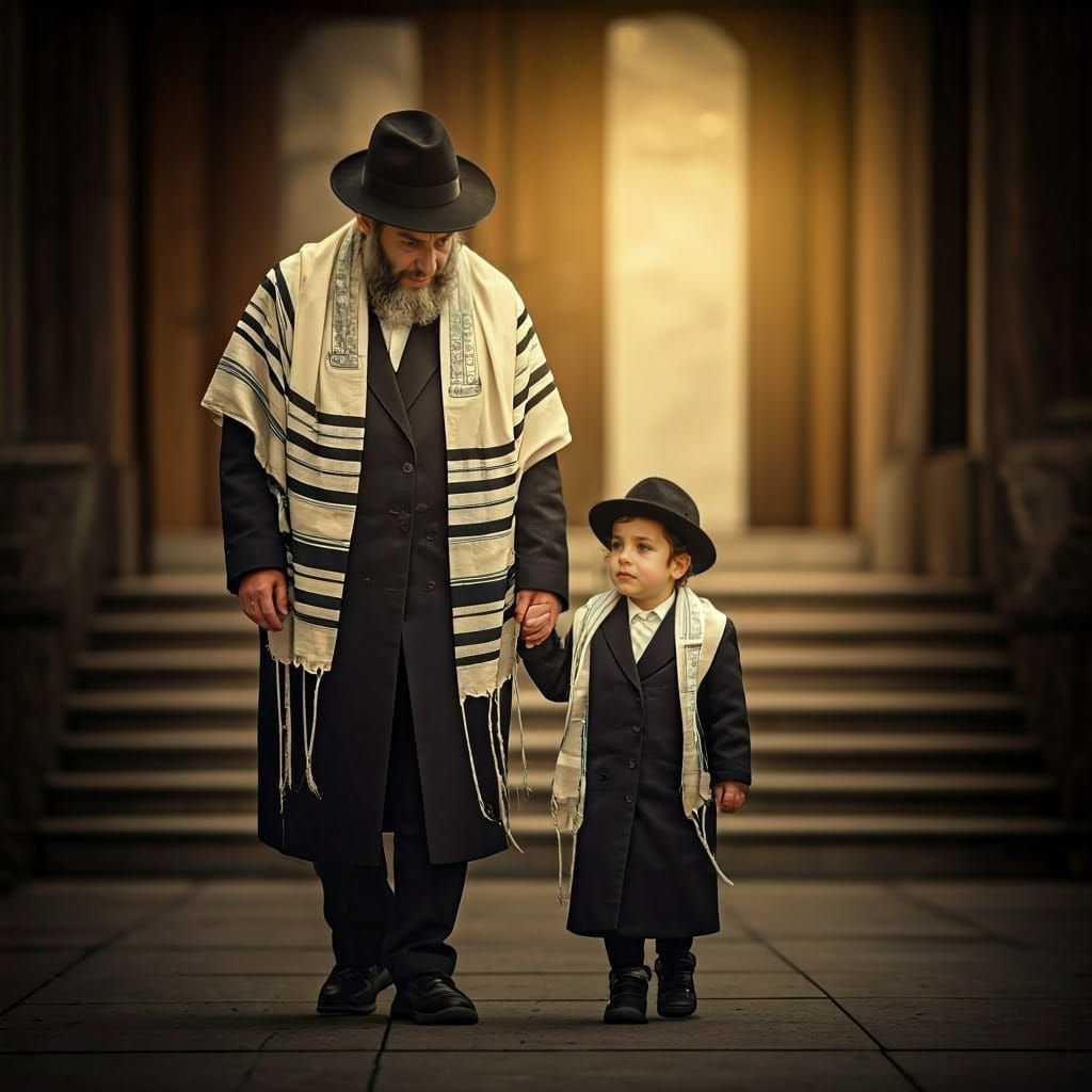 Orthodox Hasidic Father and Son Stroll to Synagogue in Cinem...