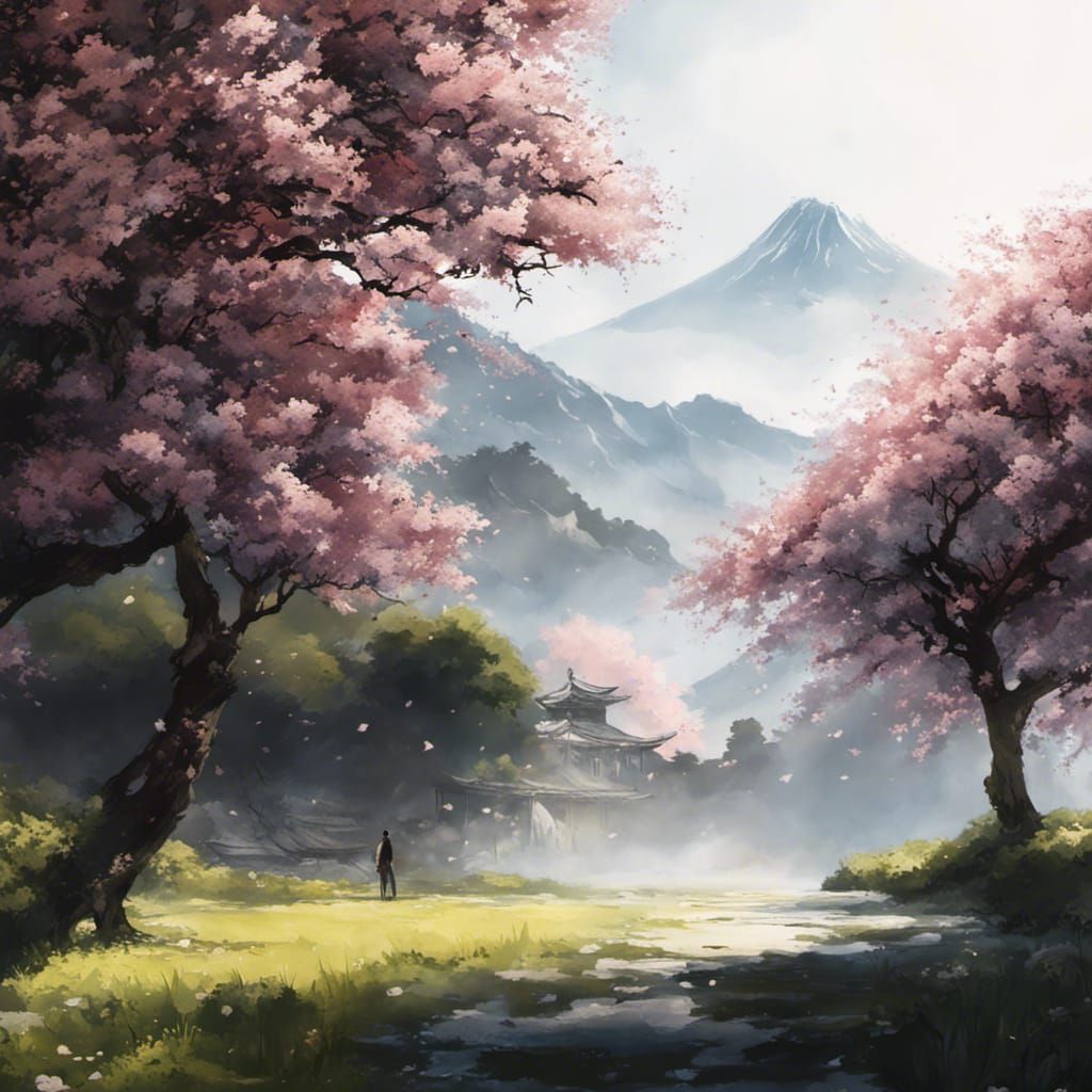 Shirtless Man Under Cherry Tree: Sumi-e Style