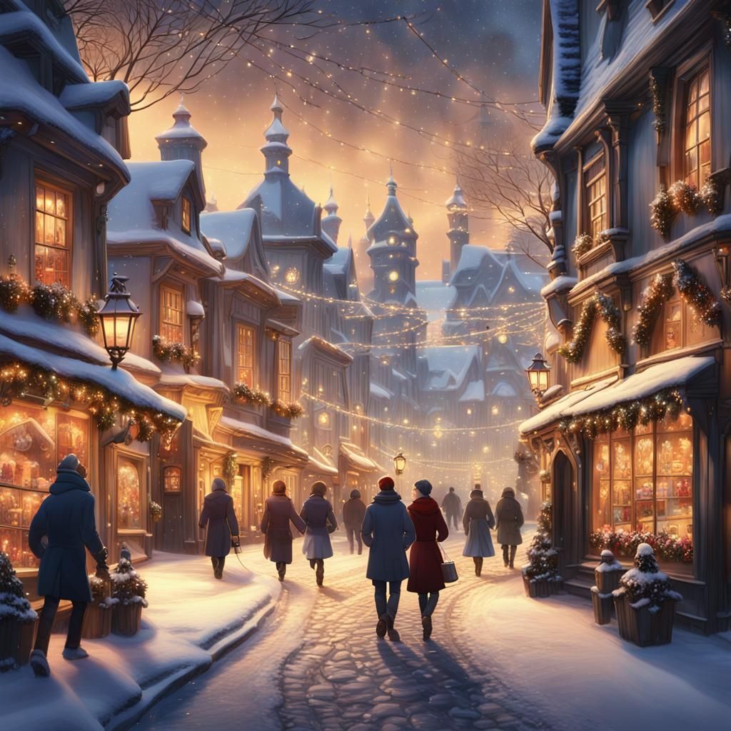 Festive European Town at Dusk in Matte Painting Style