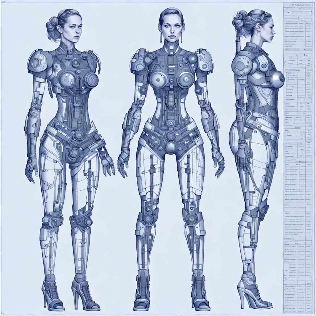 Detailed Blueprint of Female Cyborg in AutoCAD Style
