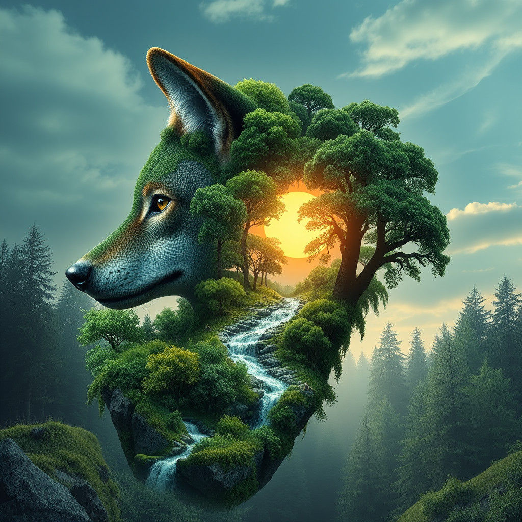Lush Forest Forms Green Wolf Head