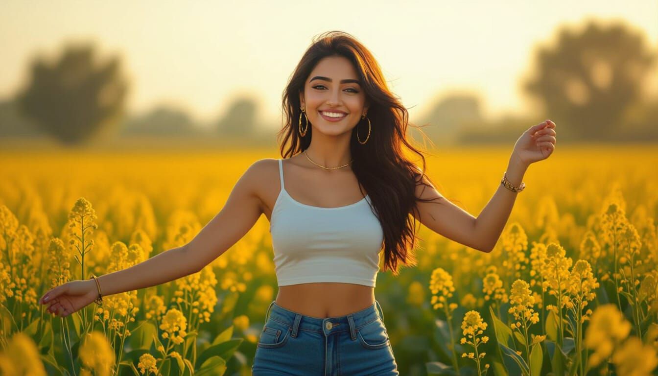 Punjabi Lady Dancing in Mustard Field at Golden Hour