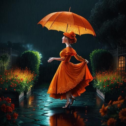 Woman in Orange Dress Dancing in Moonlight Rain