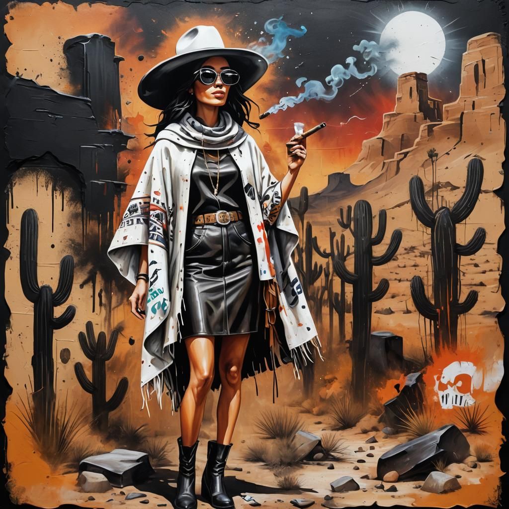 Vintage Western Girl with Cigar in Graffiti Art Style