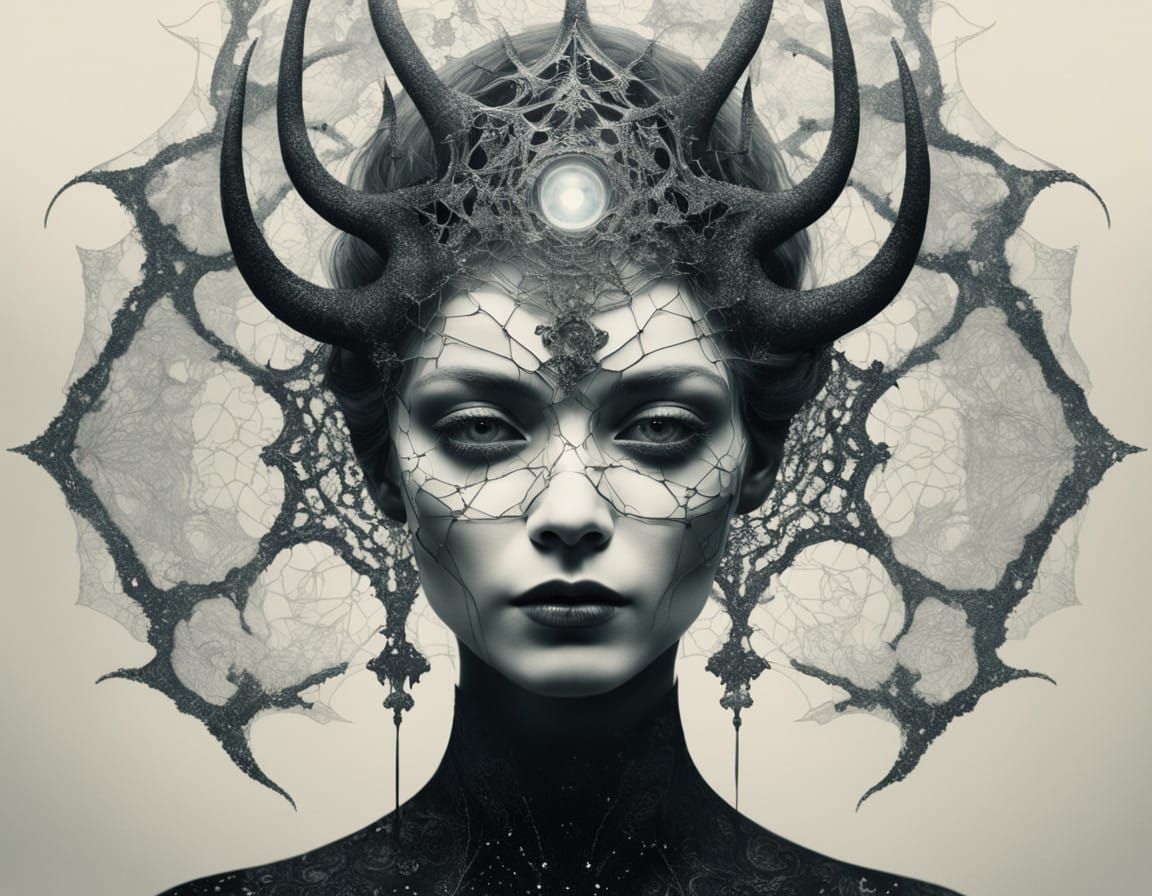 Ethereal Horned Spirit in a Cobweb-Draped Dreamscape
