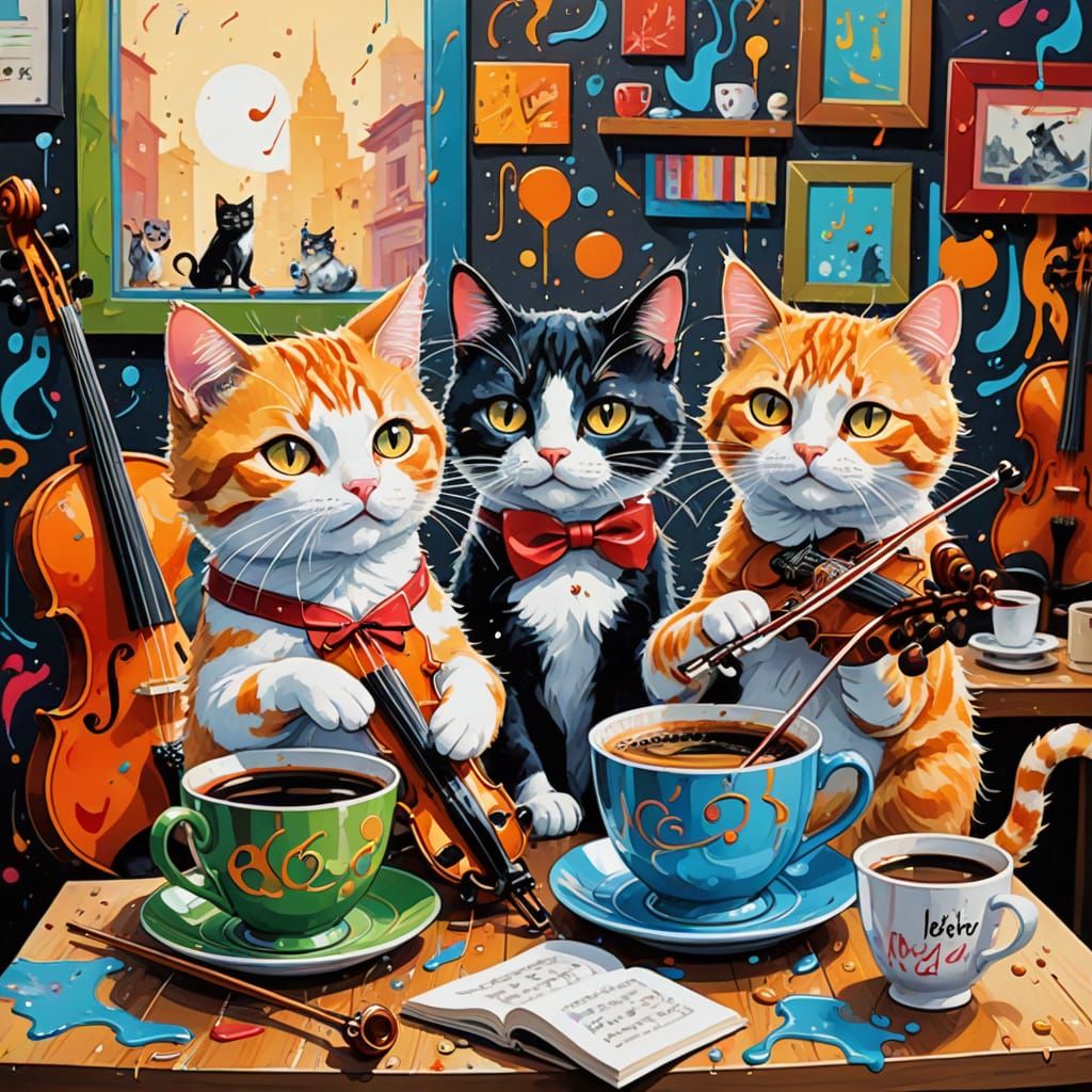 Vibrant Street Art Cats Enjoy Coffee and Music