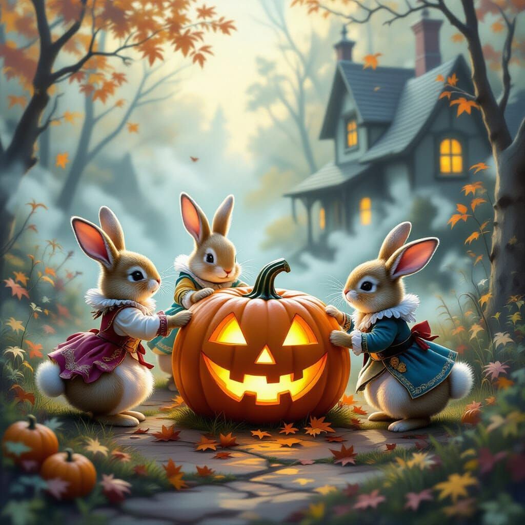 Whimsical Bunnies Play Tag Around Laughing Jack-o'-Lantern i...