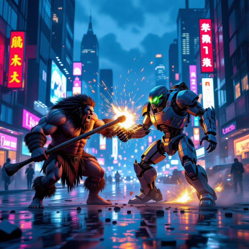 Caveman vs Robot in Neon Metropolis Concept Art