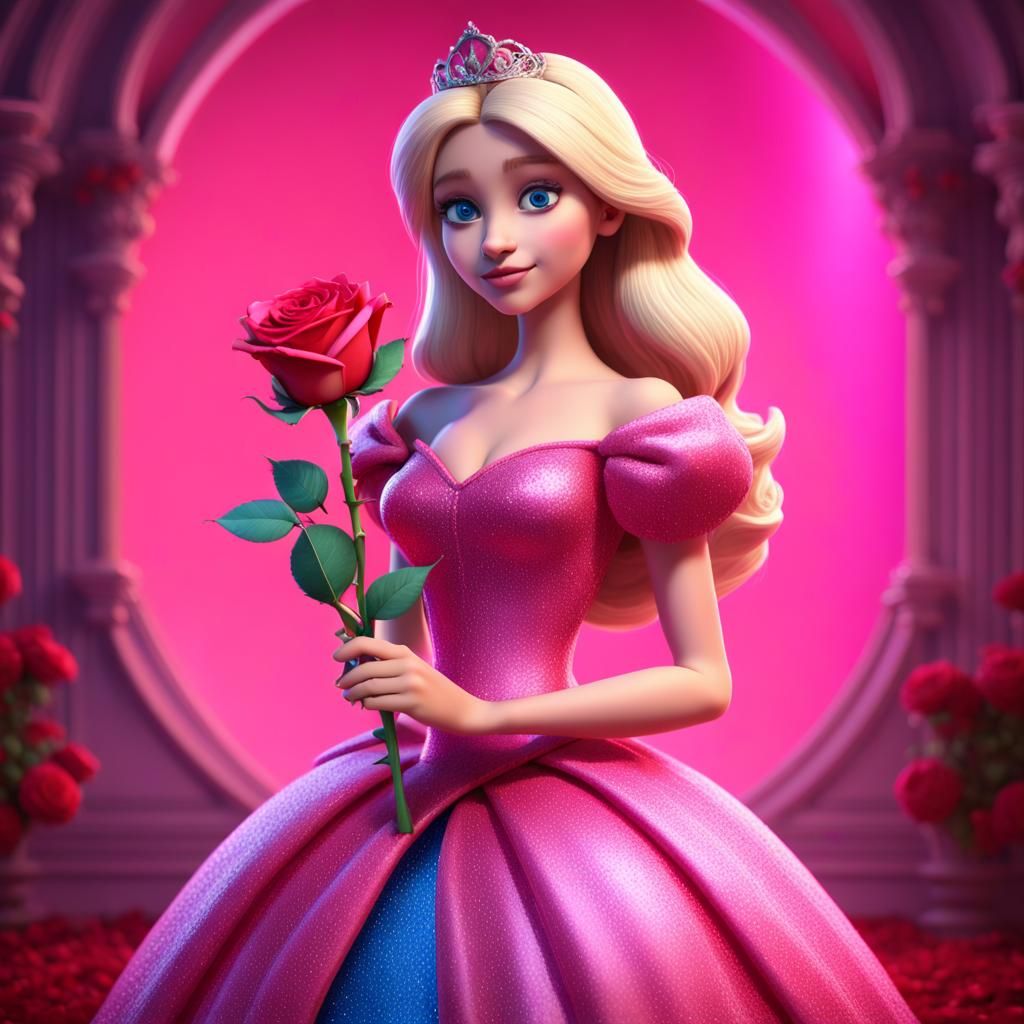 A Female Princess with blue eyes and blonde hair in a bright pink ball gown holding an enchanted Sparkling Red Rose