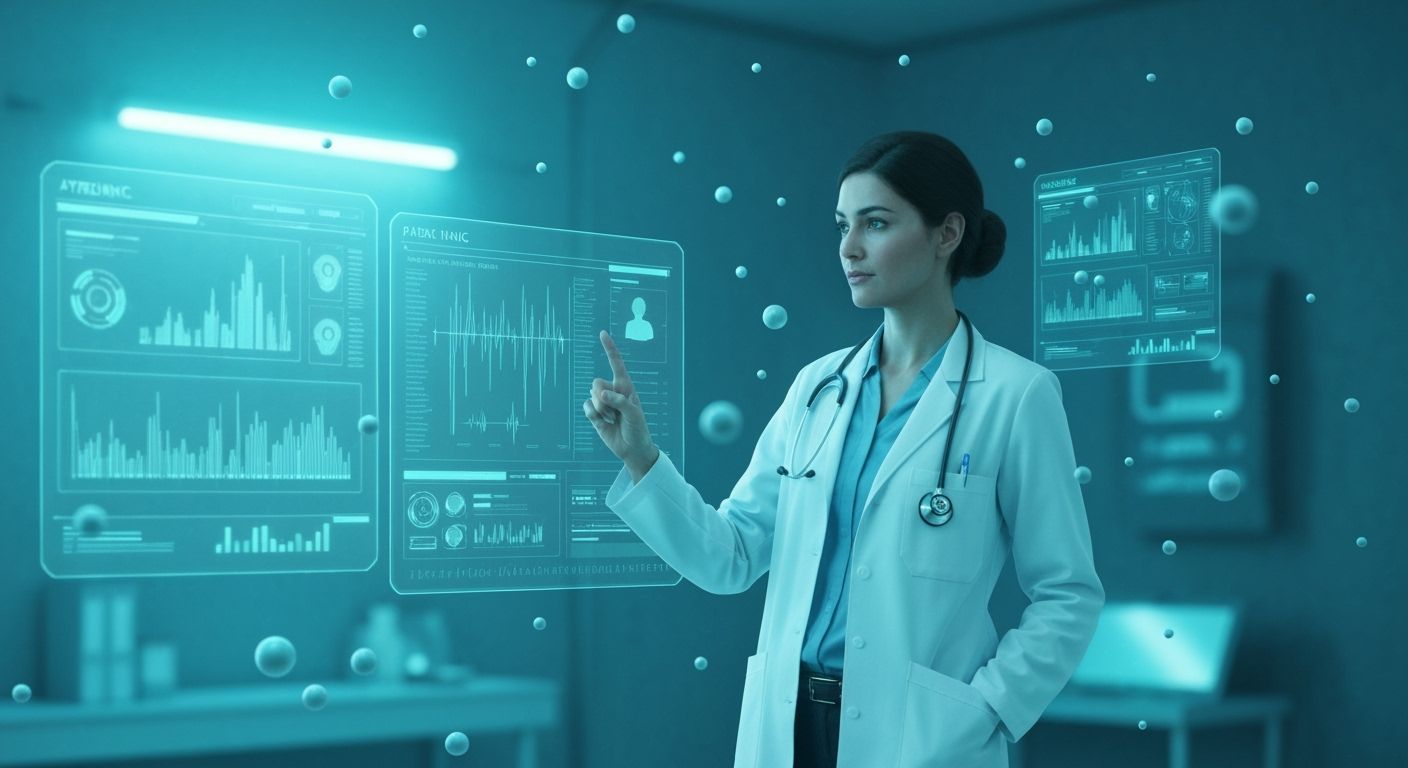 Futuristic Doctor Examining Hologram in Neon Clinic