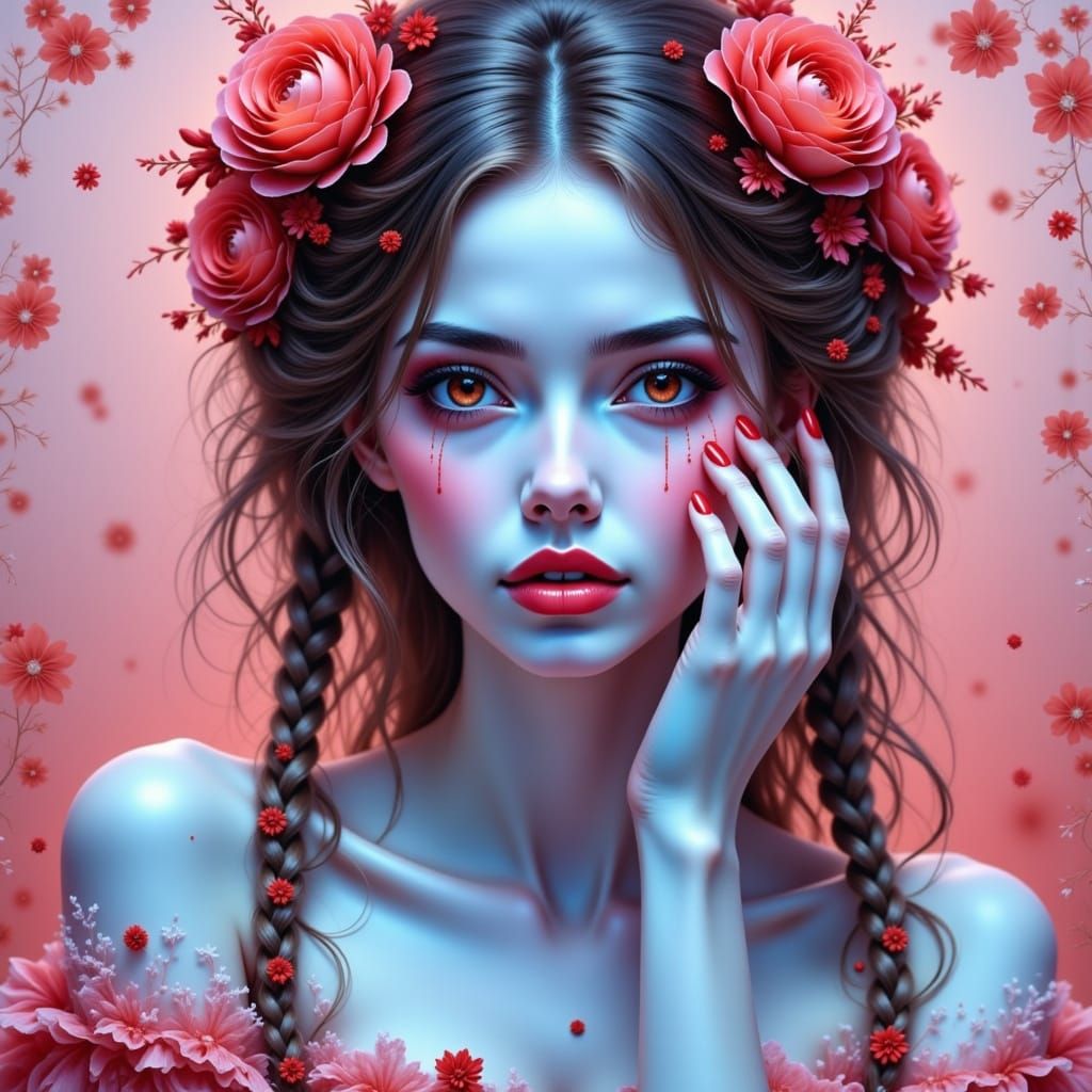 Ethereal Blue-Skinned Fantasy Woman with Red Hair