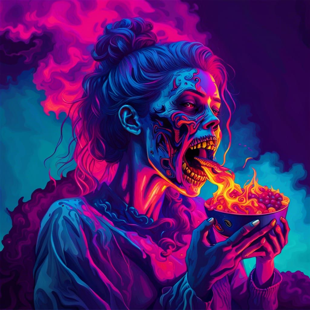 Vaporwave Zombiecore Woman Consuming Human Flesh