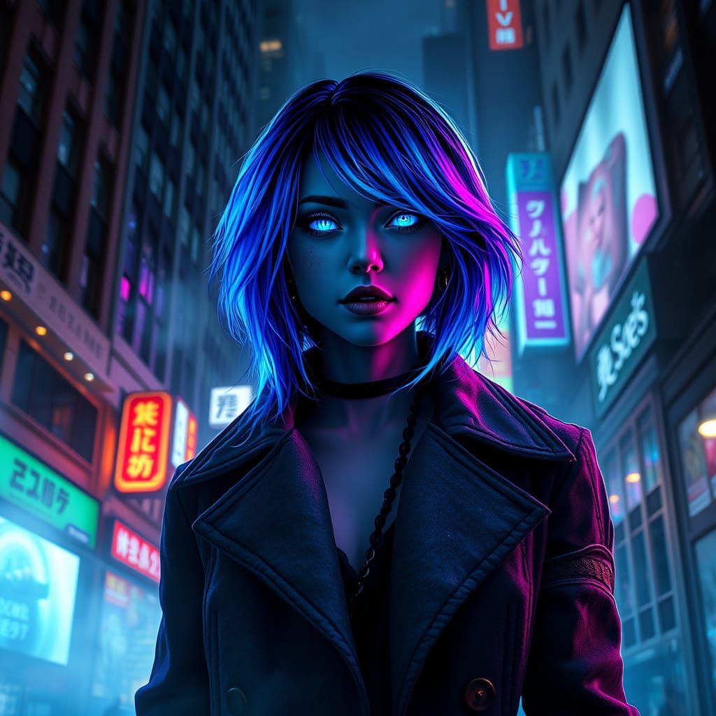 Bioluminescent Woman in Neon Futuristic Cityscape