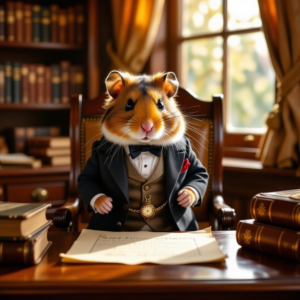 Hamster Gentleman in Study, Illustrated Style