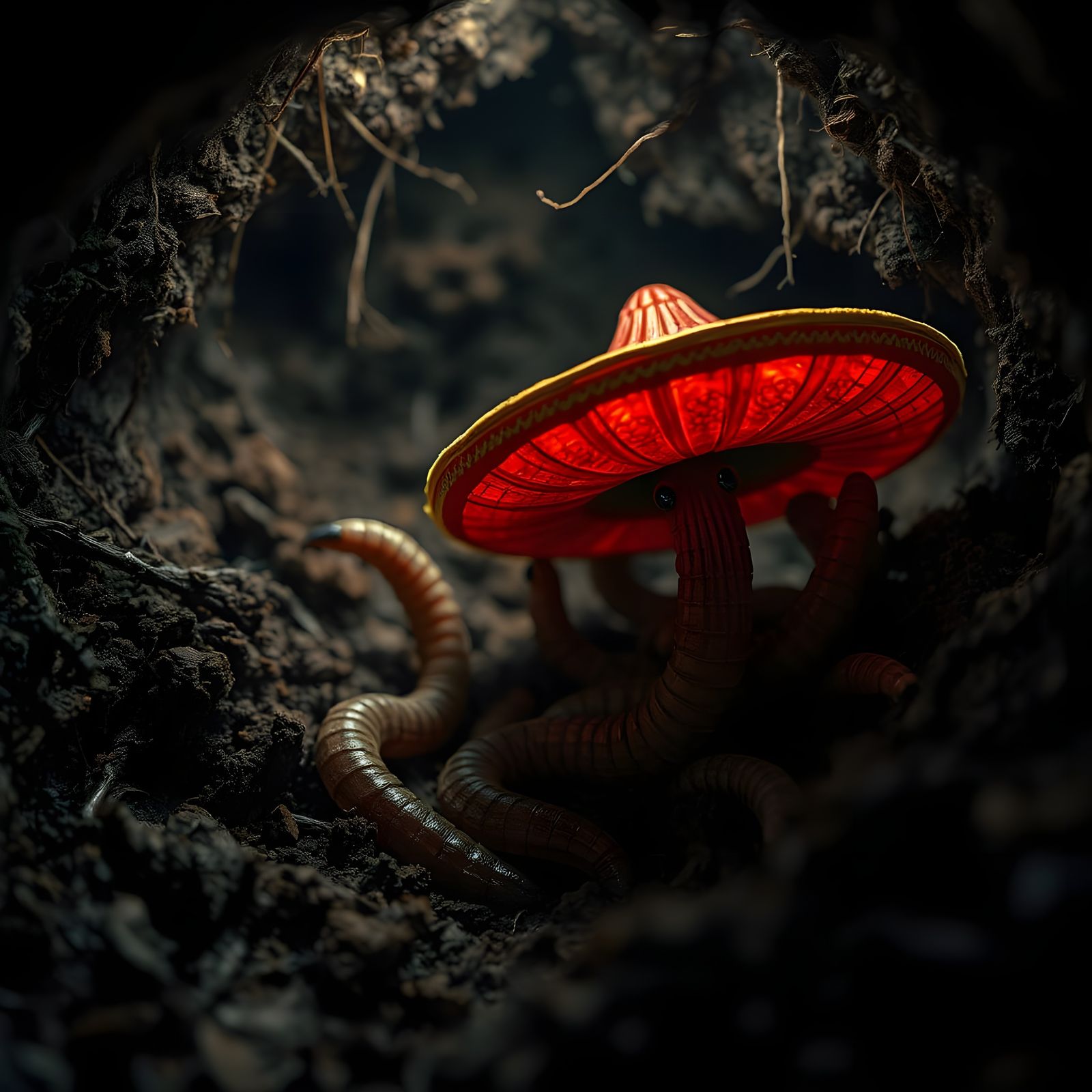 Earthworm Family in Den with Sombrero: Hyperrealistic Image