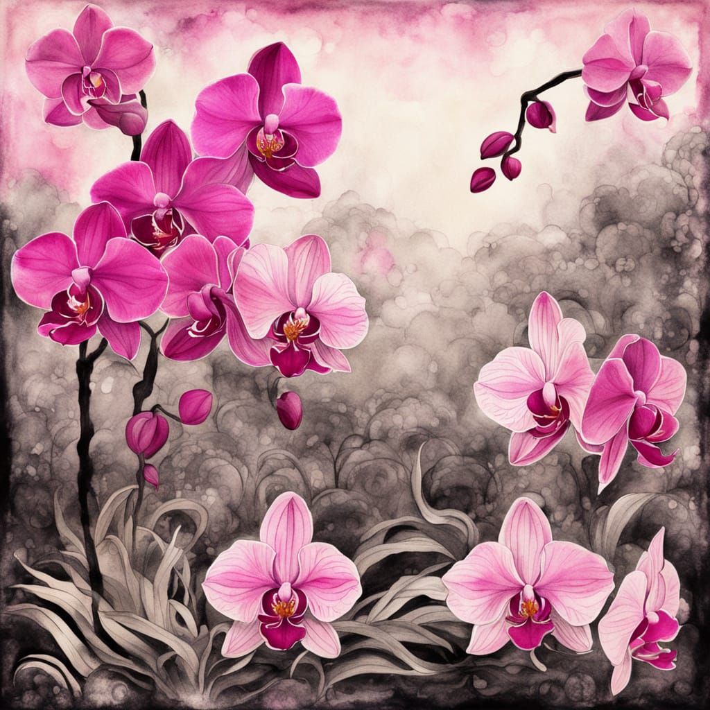Pink Orchids in Fantasy Zen Garden: Chinese Ink Painting