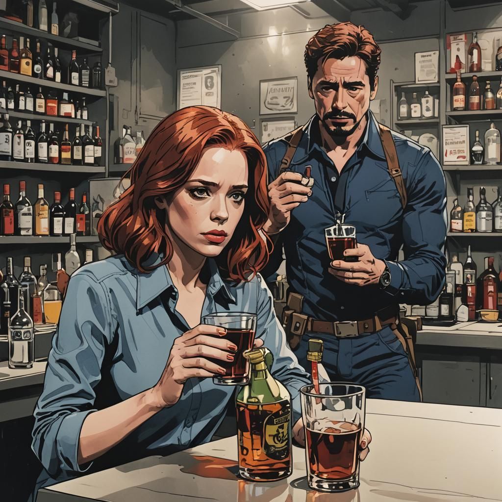 Natasha Romanoff Marvel and Iron man drink vodka in the morn...