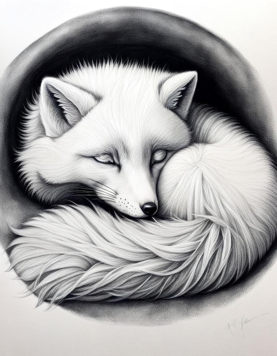 Sleeping Arctic Fox in Silverpoint Style