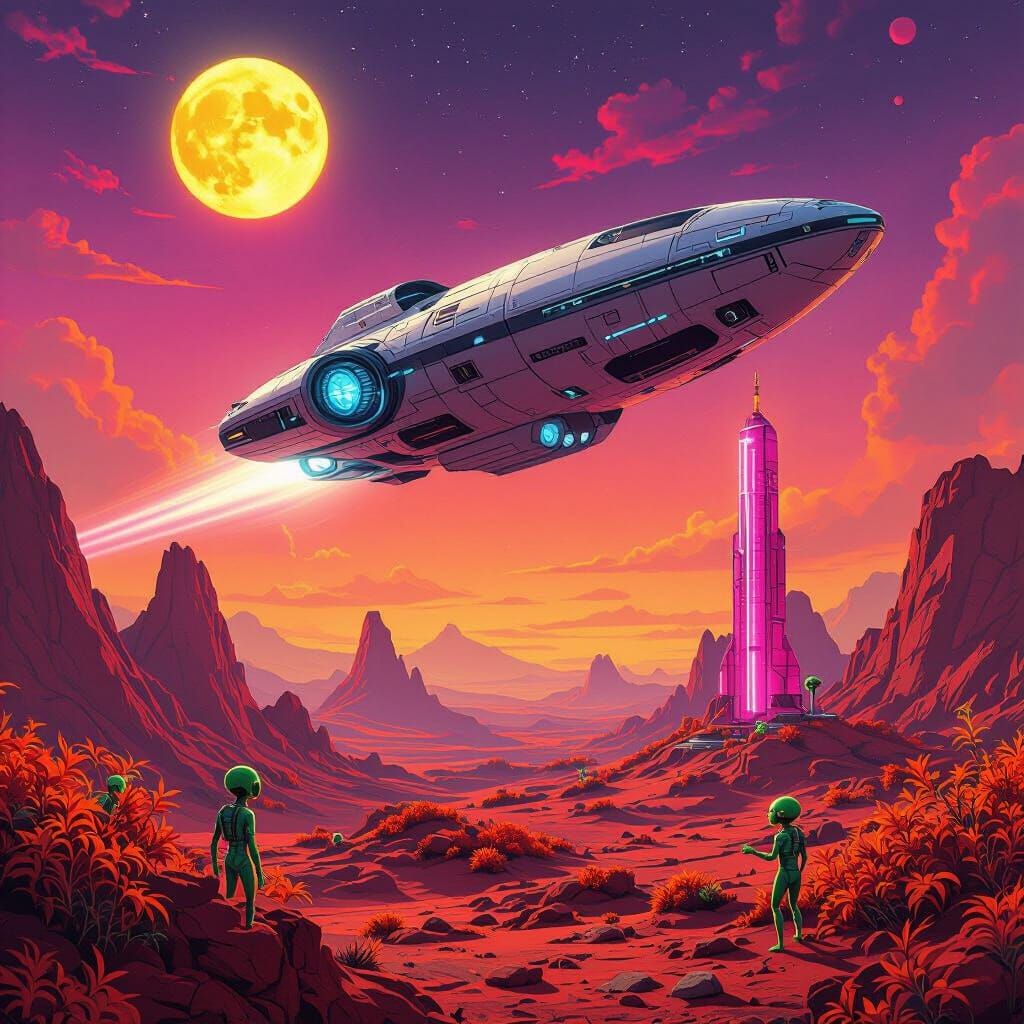 Spaceship Over Red Planet with Aliens and Pink Tower