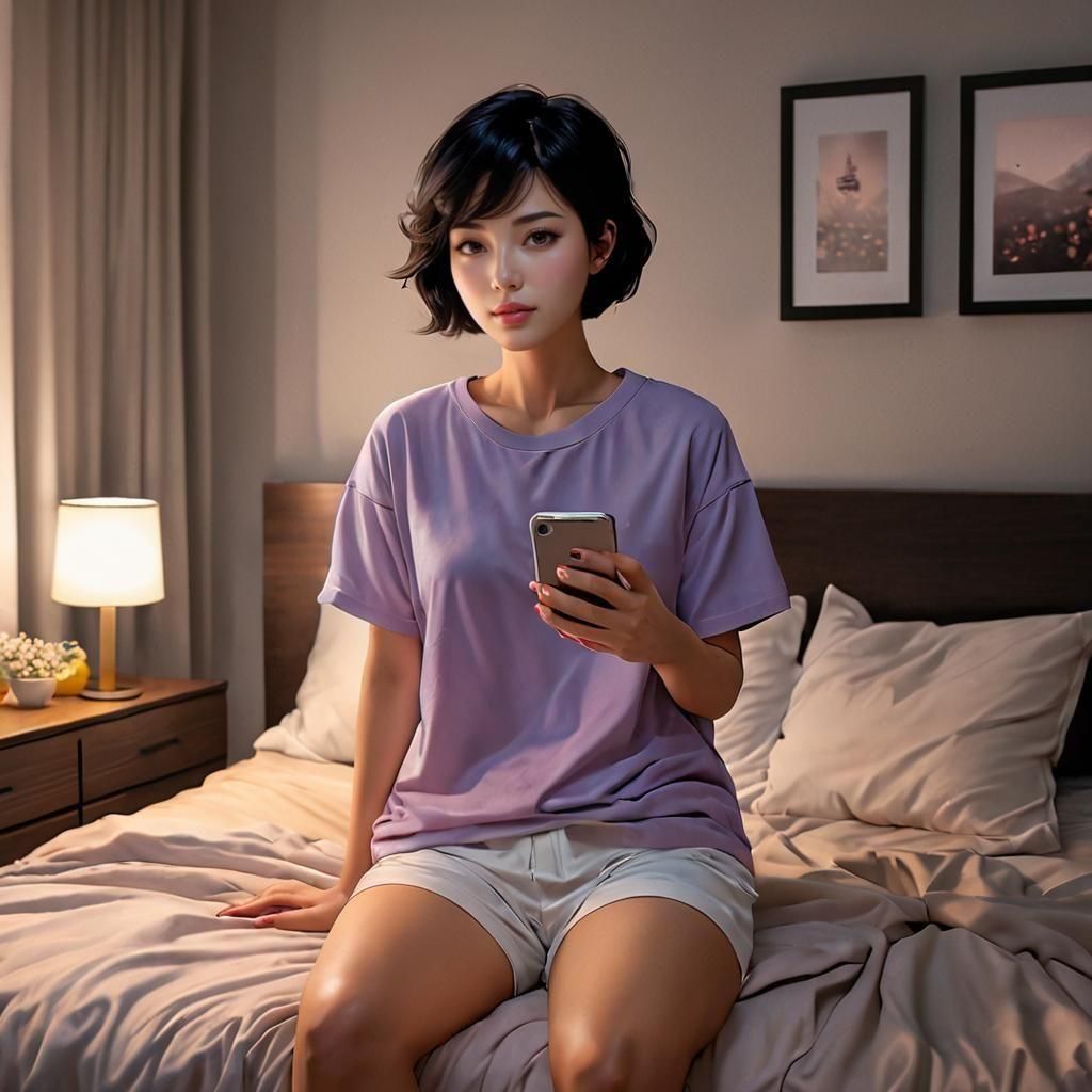 Anime Style: Thai Woman in Bedroom at Night