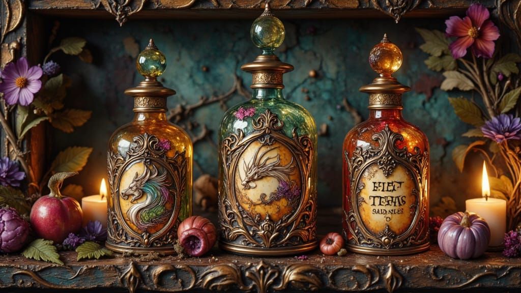 Antique Potion Bottles with Embossed Labels