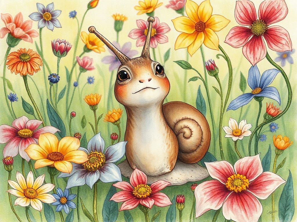 Curious Snail in Floral Meadow: Whimsical Illustration