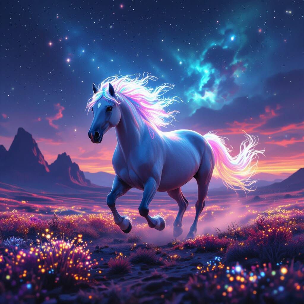 Bioluminescent Horse Galloping Across Alien Landscape
