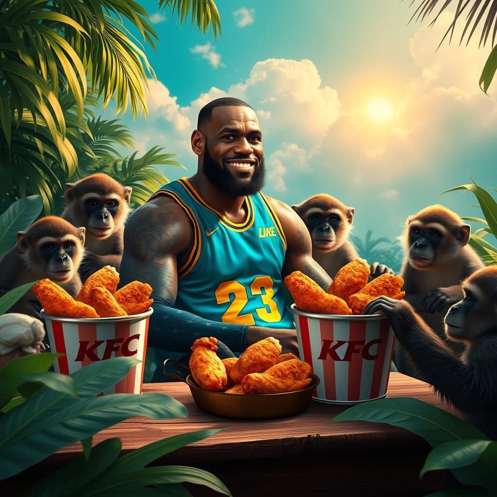 Lebron James Surrounded by Mischievous Monkeys in a Vibrant ...