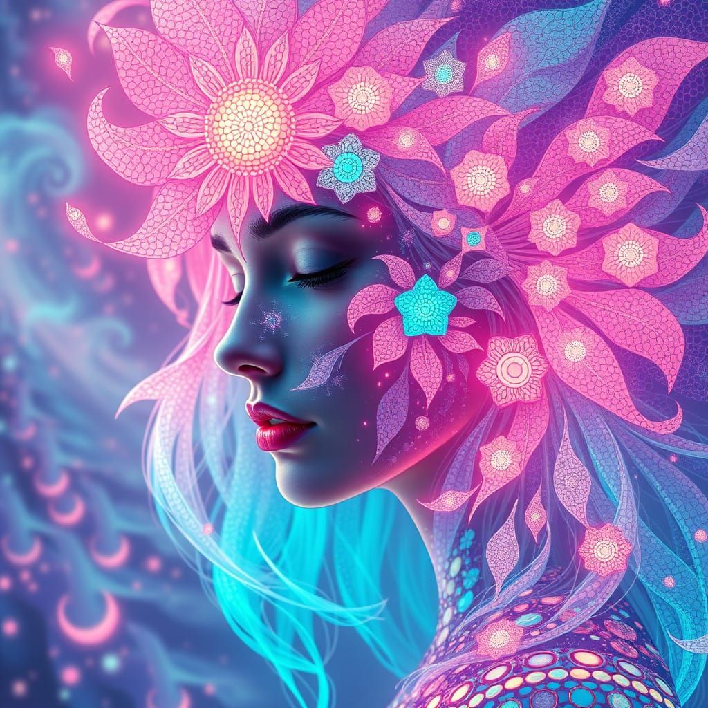 Serene Bioluminescent Goddess in Opulent Floral Tessellation
