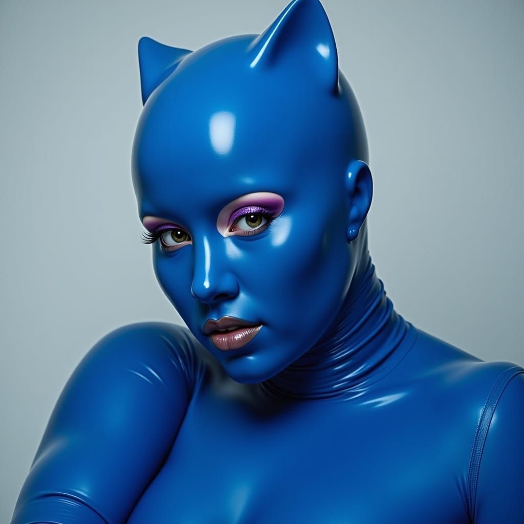 Blue Latex Mask and Catsuit Close-up