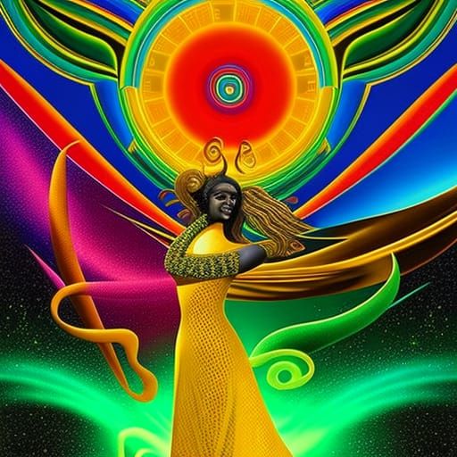 Greek Snake-Tiger Sphinx on Ziggurat in Burning Forest