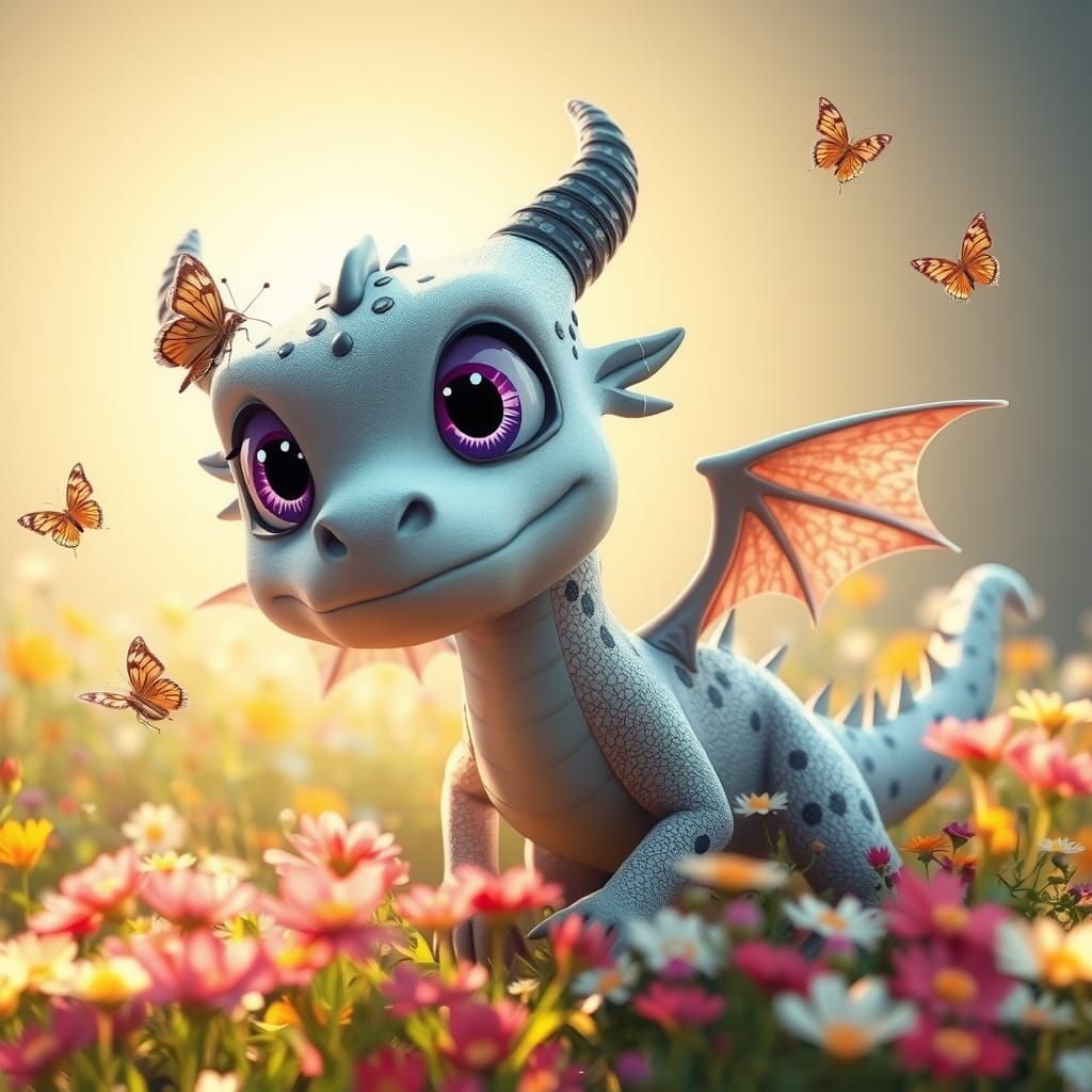 Cartoon Dragon Chasing Butterflies: 3D Digital Art