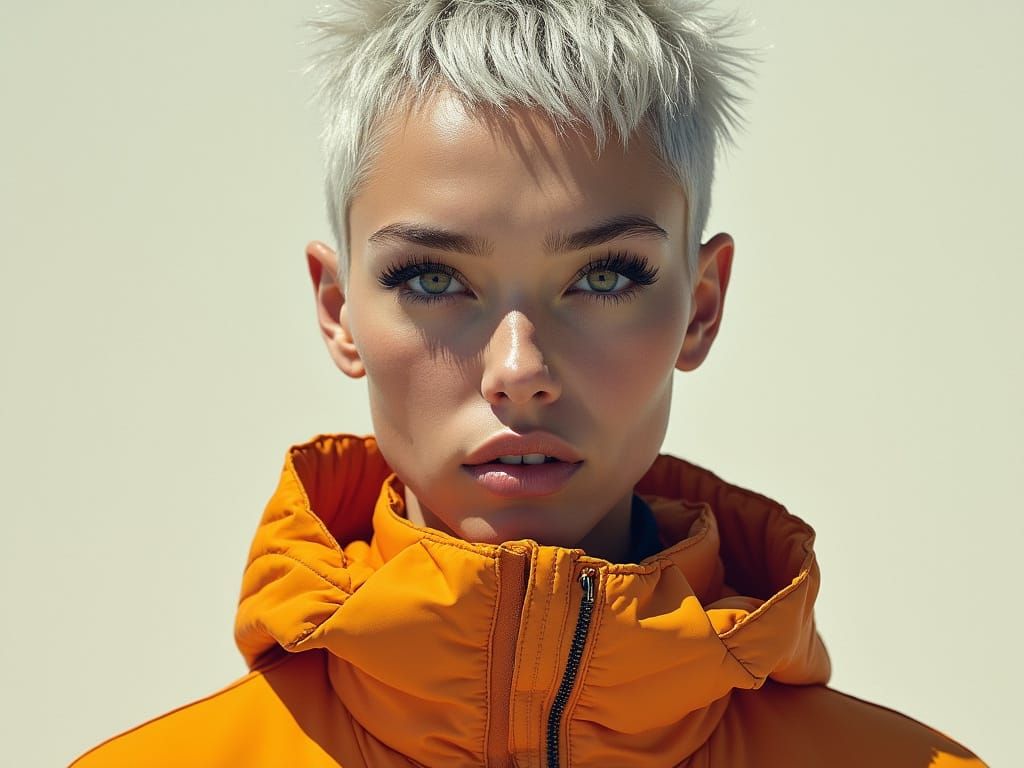 Unusual Beauty: Woman with White Hair in Grey and Orange