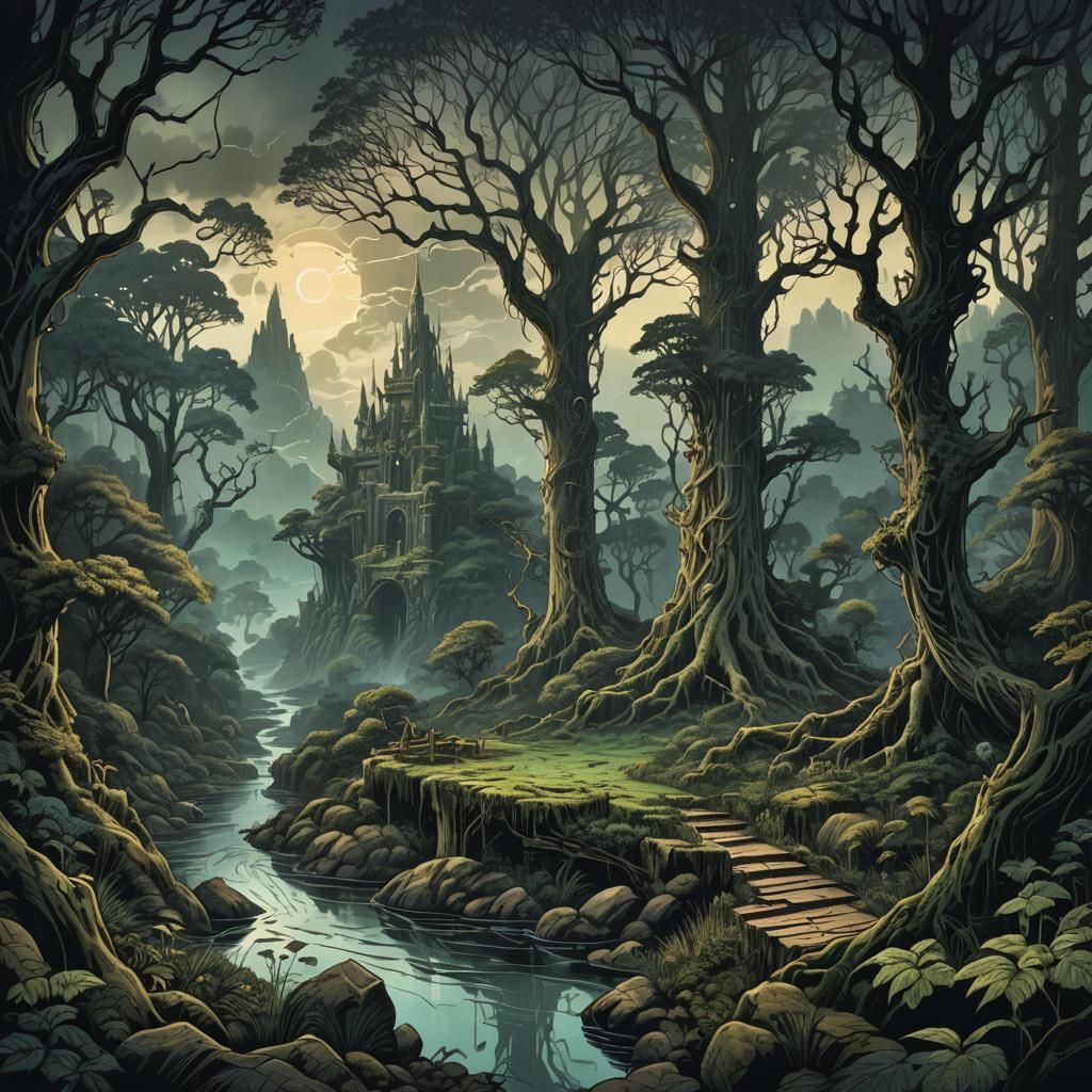 Lothlorien Labyrinthian Forest Storm: Vintage Photography