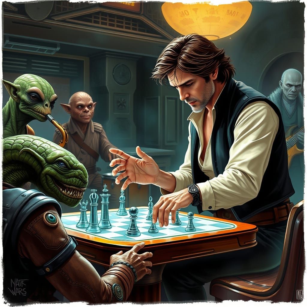 Galactic Gamble: Han Solo vs. Hammerhead Alien in Smoky Cant...