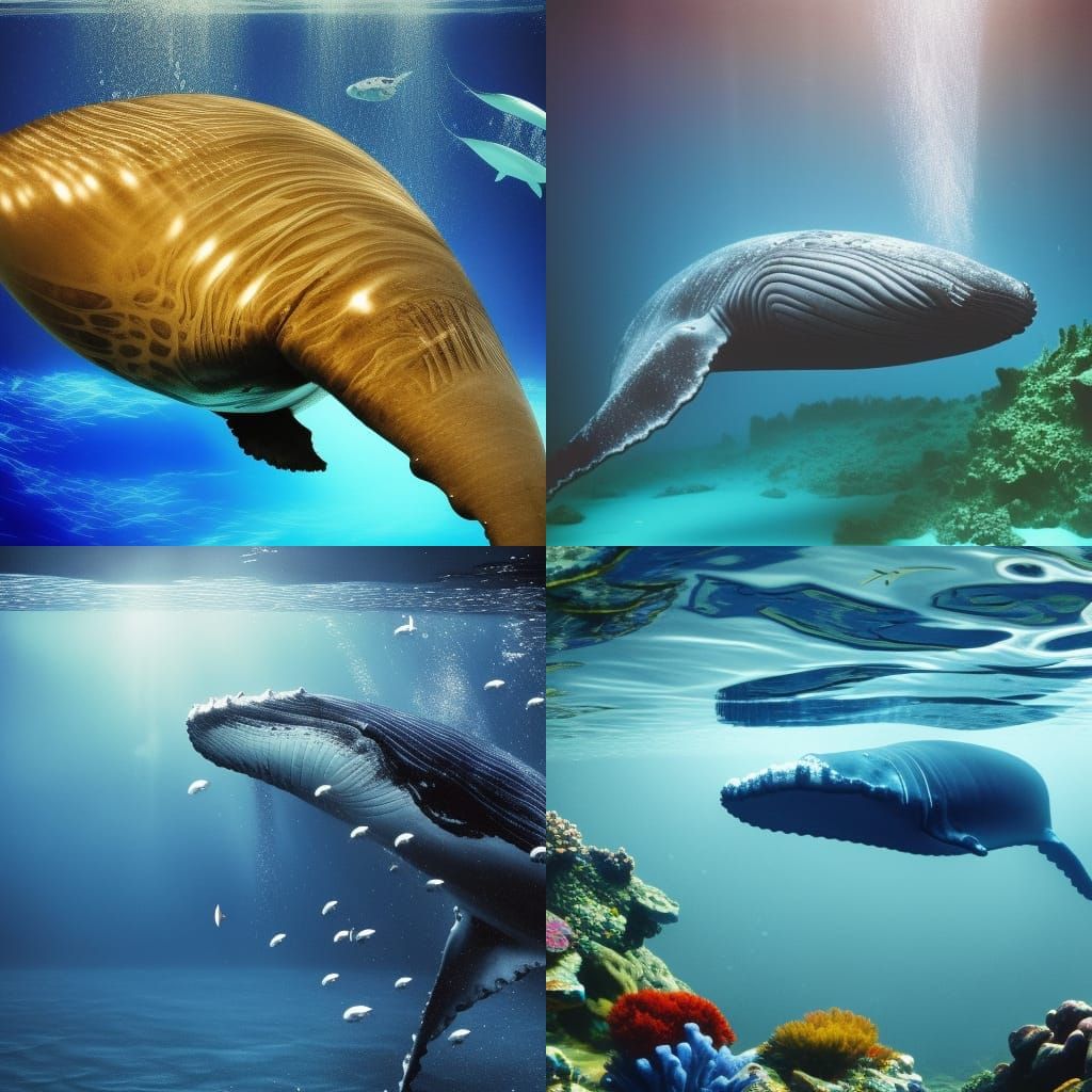 Underwater World with Blue Figures and Whales