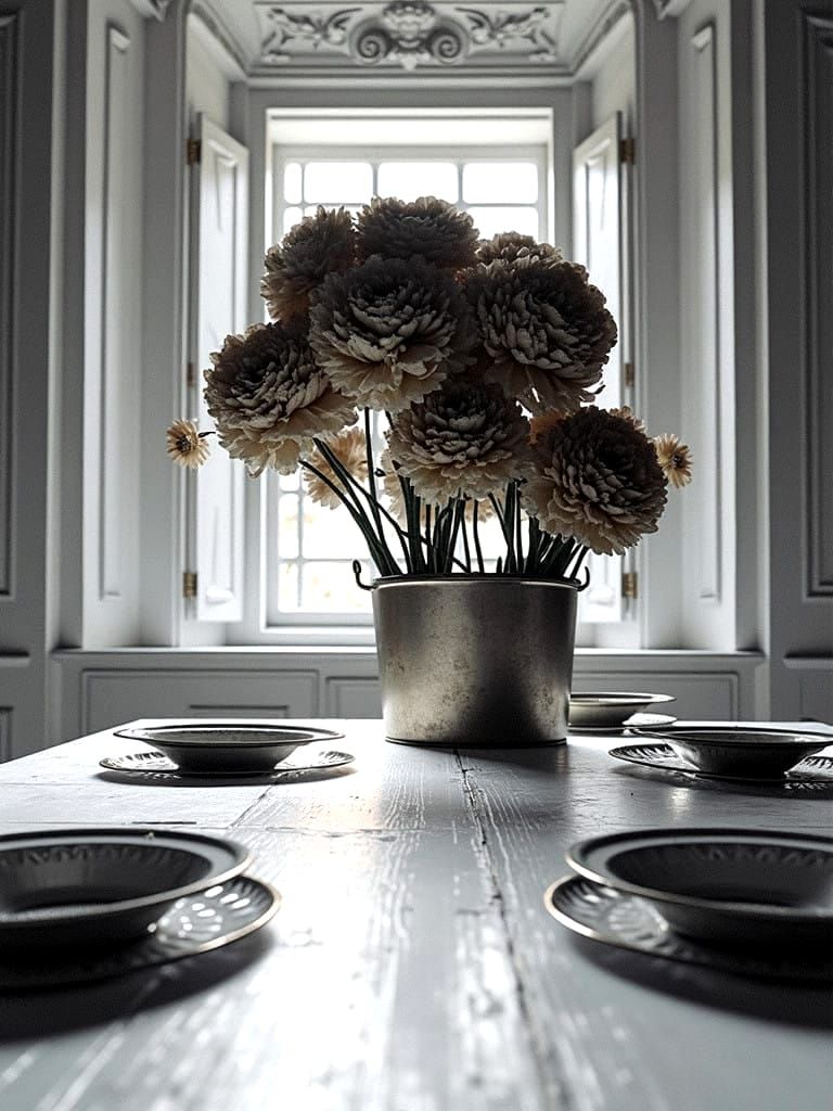 Copper Bucket of Flowers in Magical Realism Style