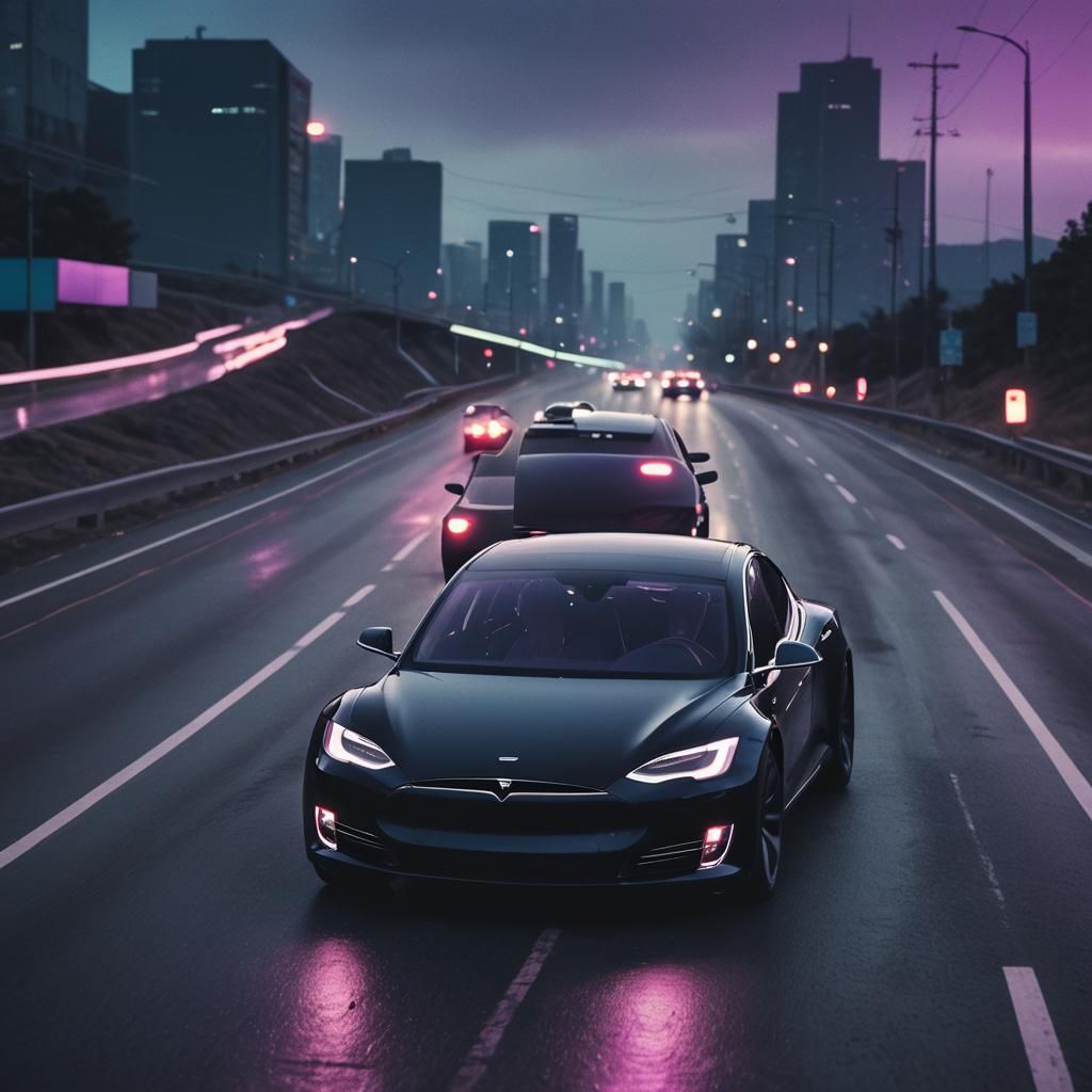 Android Drives Black Tesla on Futuristic Highway
