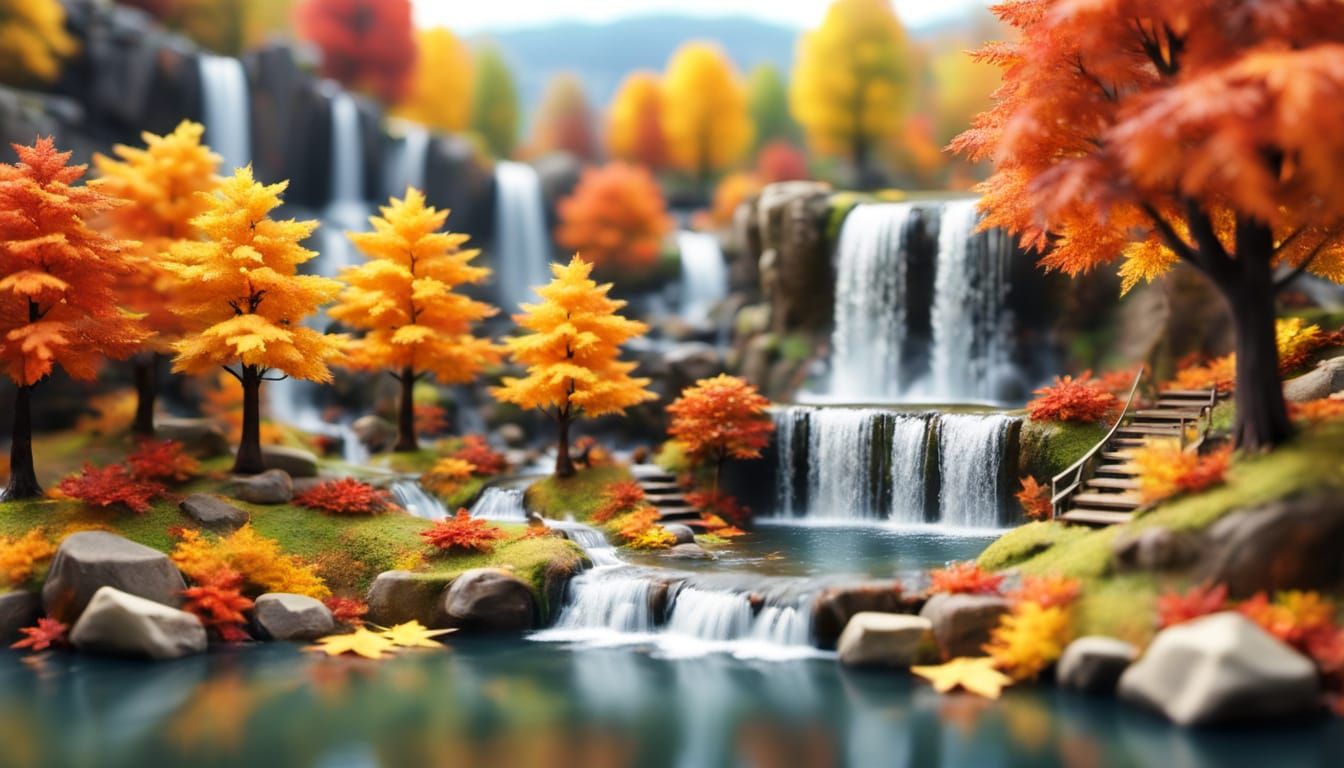Autumn Waterfall with Tilt-Shift Effect