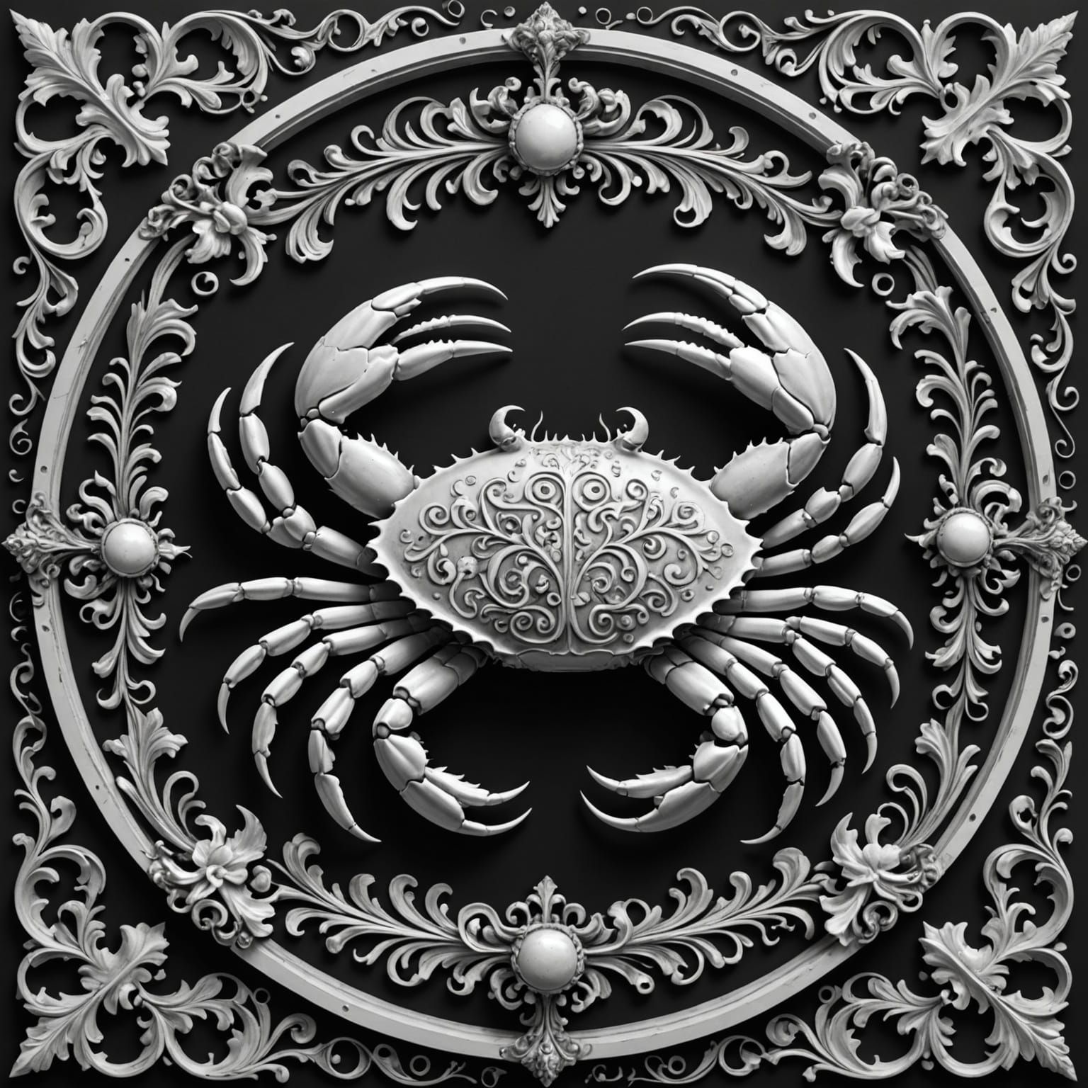 Baroque Cancer Glyph Engraving with Rococo Curls