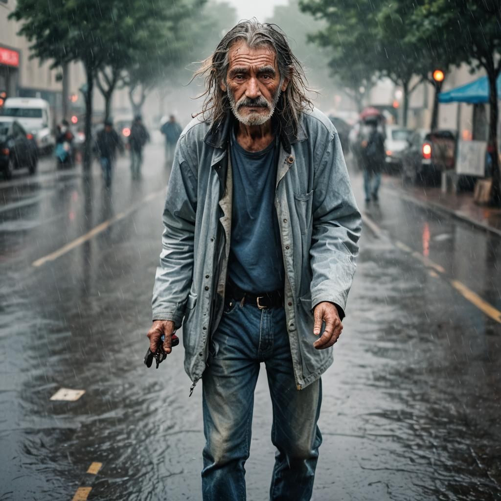 Detailed Portrait of Homeless Man in Rain, Photojournalism