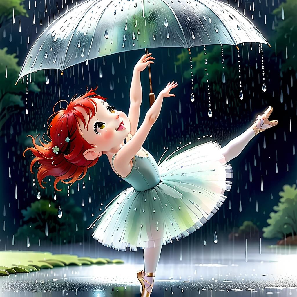 Red-Haired Ballerina in Rainy Whimsical Watercolor