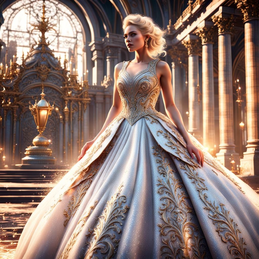 Blonde Lady in Sparkly White Ballgown