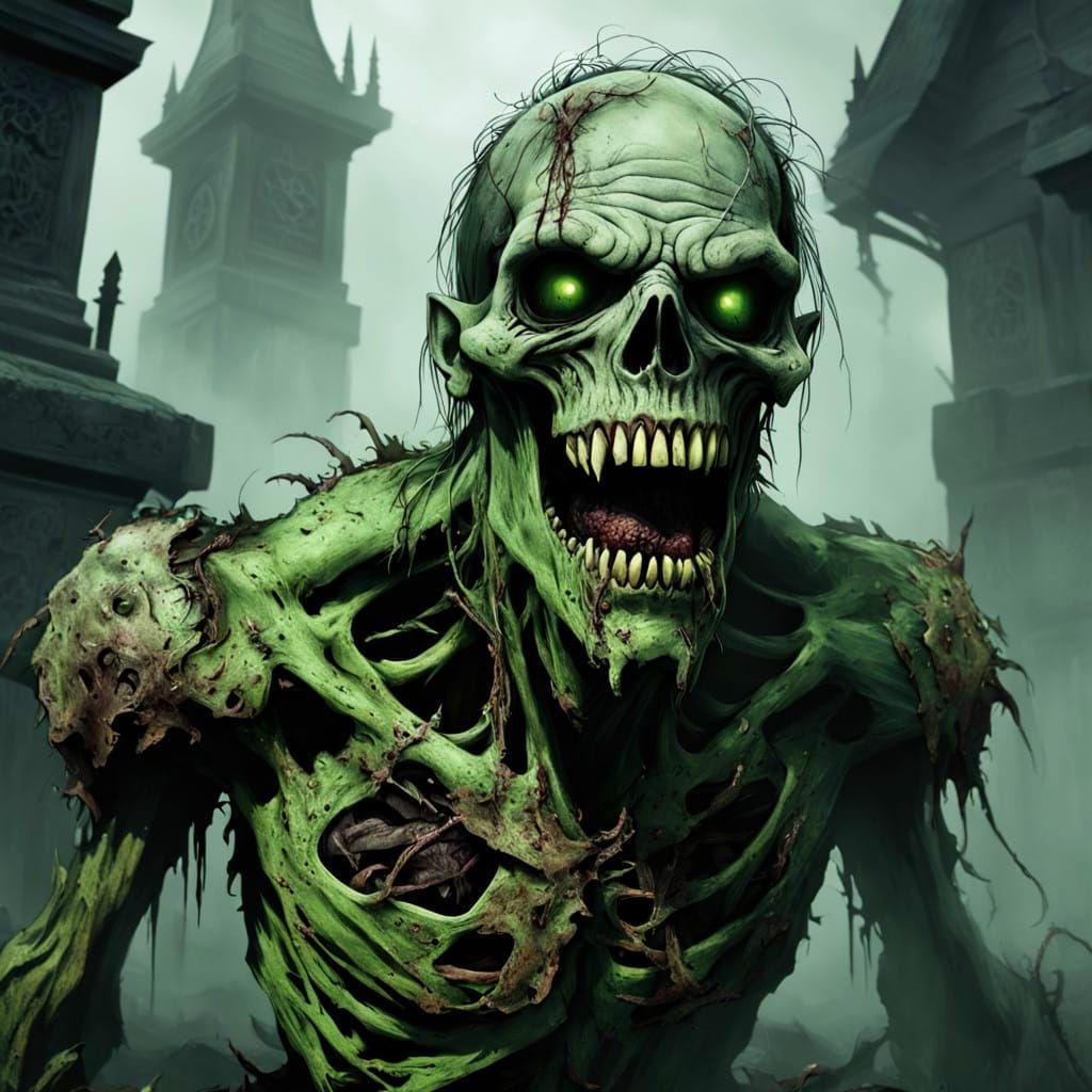 Grotesque Zombie Shambles Through Foggy Graveyard
